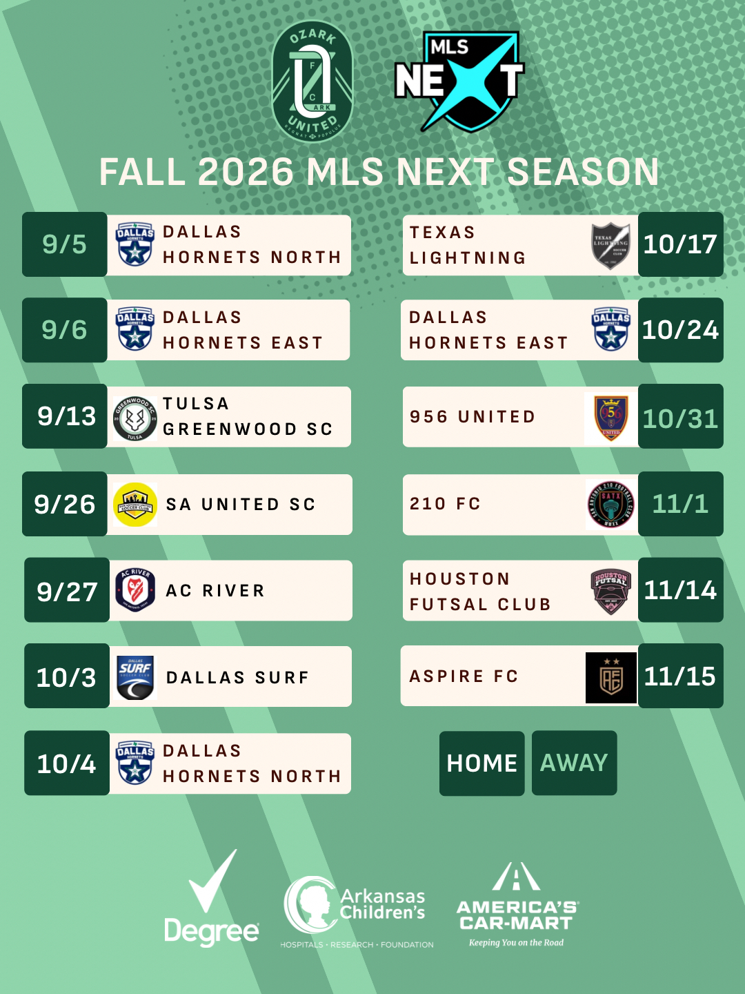 Ozark United FC MLS Next Fall Season Schedule
